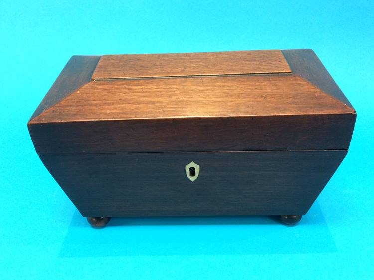 A mahogany Sarcophagus shaped tea caddy