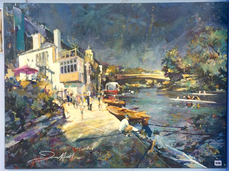 Jon Hall (b.1956-) Oil on canvas, signed, 'Durham Riverside before the Regatta'