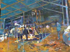 Jon Hall (b.1956-) Oil on canvas, signed, 'Sheep shearing in the middle shed at Catlow Hall Farm'