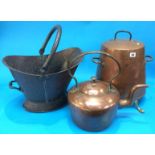 A copper kettle, coal scuttle and spark guard etc.