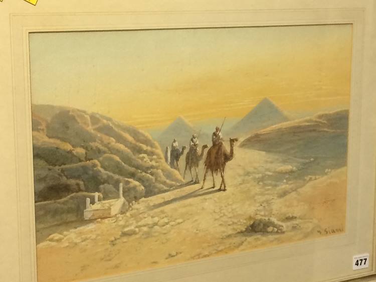 Watercolour, signed 'Gianni', Continental school, 'Camels with pyramids in the background', together - Image 2 of 2