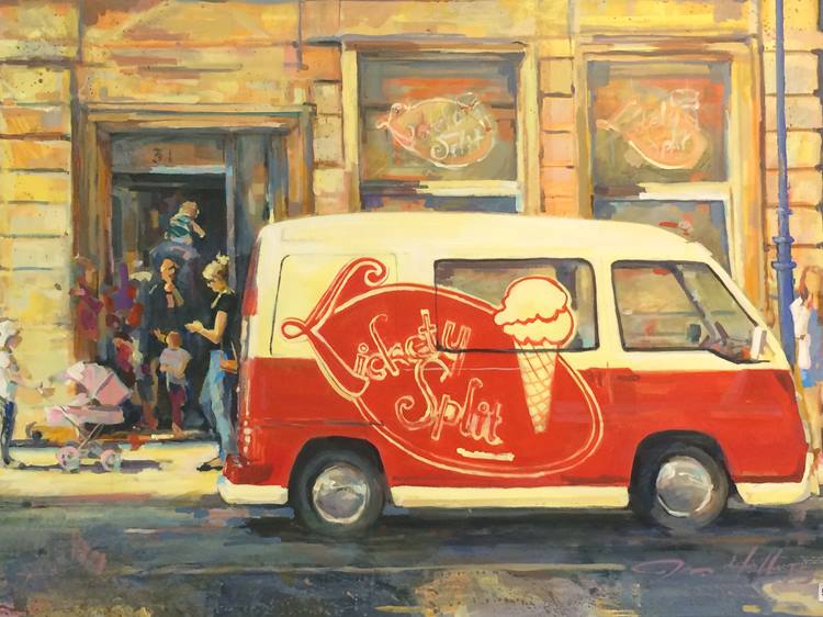 Jon Hall (b.1956-) Oil on canvas, signed, 'Mother and child having ice cream at Lickety Splits in