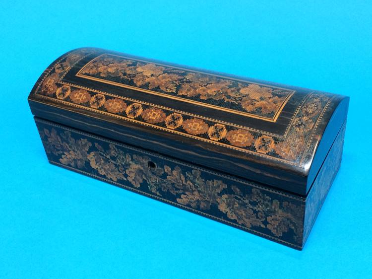 A Tunbridge ware marquetry and micro musical writing slope and glove case - Image 8 of 19