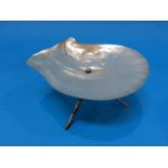 A Mother of Pearl dish mounted on silver metal simulated bamboo legs