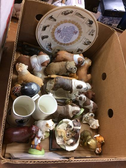 Box of assorted bulldog ornaments