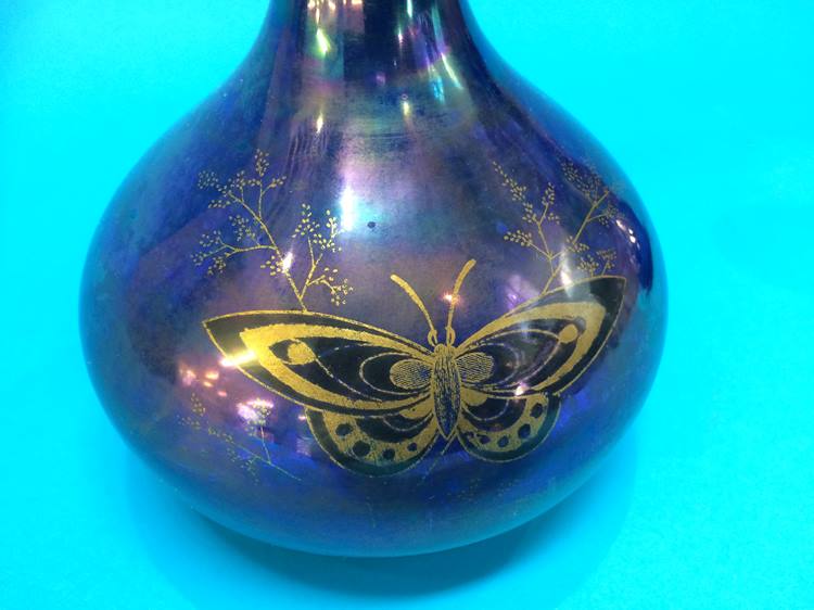 Pair Crown Devon Fieldings lustre vases decorated with butterflies - Image 4 of 5