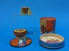 Four pieces of Clarice Cliff 'Bizzare' including a candlestick and pin tray etc.