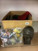 Box of assorted, badges, militaria and bust of Hitler etc.