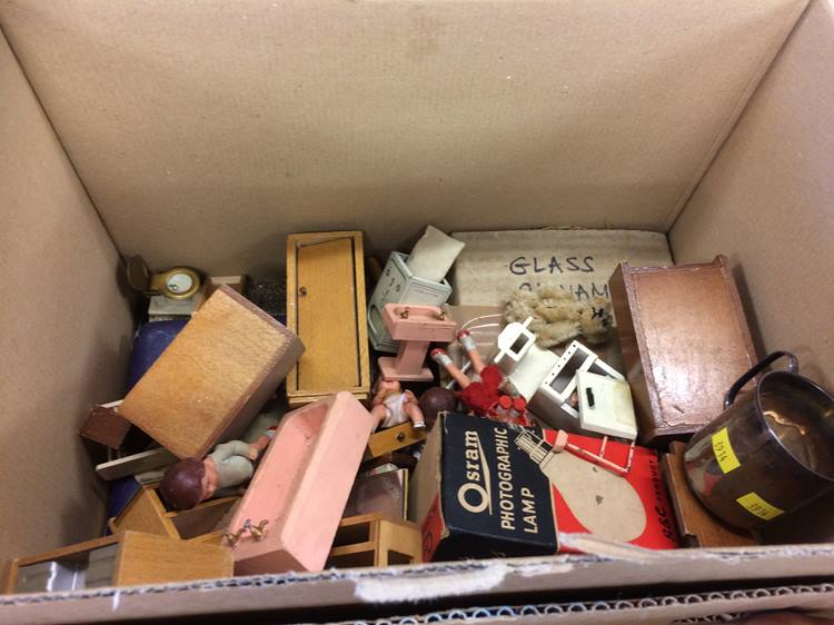 Two boxes of assorted dolls house furniture and stamps etc. - Image 3 of 3