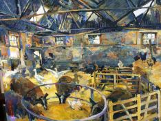 Jon Hall (b.1956-) Oil on canvas, signed, 'Sheep and geese in the top shed at Catlow Hall Farm'