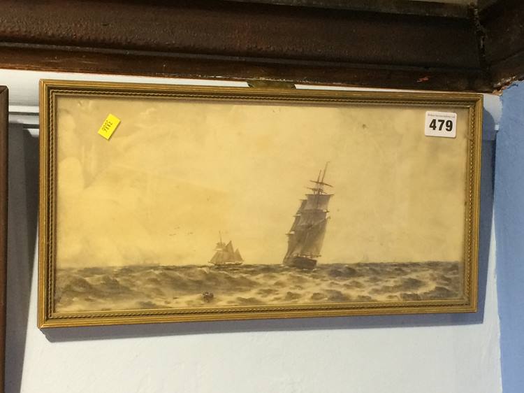 William Thomas N Boyce, watercolour, ships in a stormy sea, 37 x 18cm