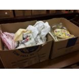 Two boxes of assorted, linen, cake stand etc.