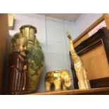 Carved wooden pig, frames and a large vase