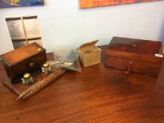 A mahogany writing slope desk set, two ink wells and various quills