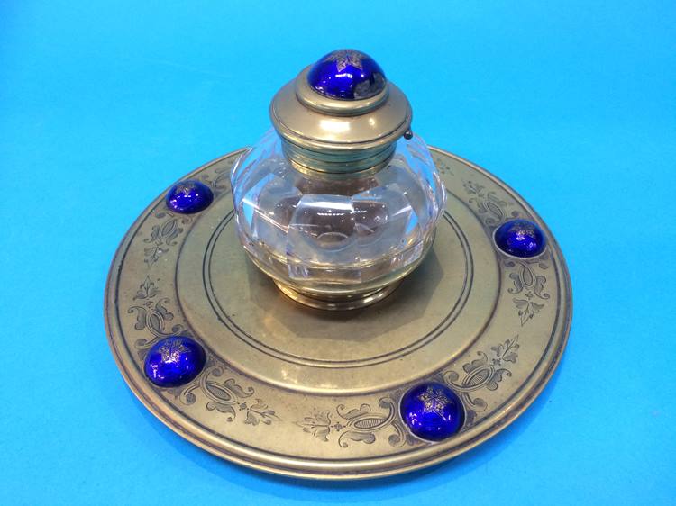 A Victorian cut glass and brass ink well mounted with blue enamelled cabochons - Image 4 of 5