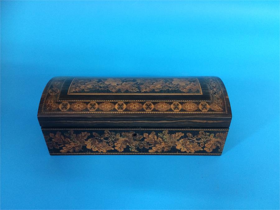 A Tunbridge ware marquetry and micro musical writing slope and glove case - Image 18 of 19