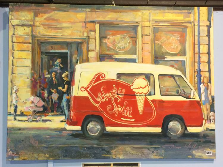 Jon Hall (b.1956-) Oil on canvas, signed, 'Mother and child having ice cream at Lickety Splits in - Image 2 of 2