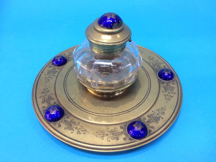 A Victorian cut glass and brass ink well mounted with blue enamelled cabochons - Image 5 of 5