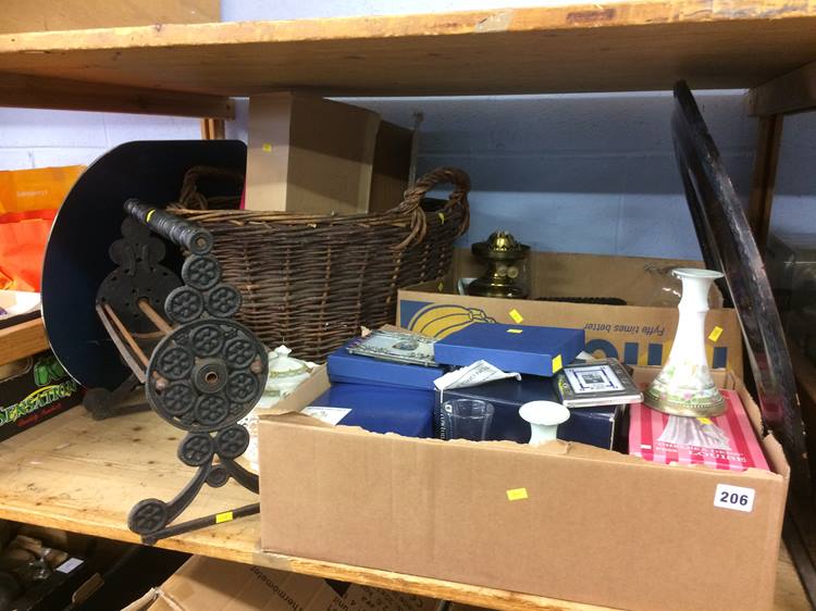 Boxed figures, log basket, oil lamp and mirror etc.