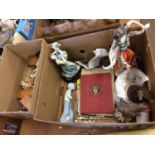 Two boxes of assorted dolls house furniture and stamps etc.