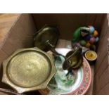 Box of assorted, pair of brass stands and Adams plaque etc.