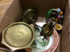 Box of assorted, pair of brass stands and Adams plaque etc.