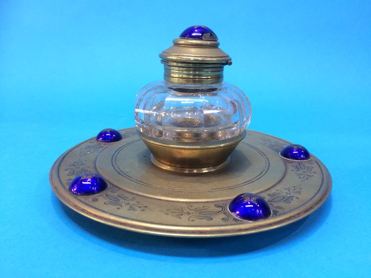 A Victorian cut glass and brass ink well mounted with blue enamelled cabochons - Image 3 of 5