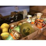 Four boxes of hand painted china, Burleigh ware and Myott etc.