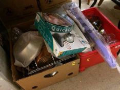 Two boxes of assorted copper, brass and household items etc.