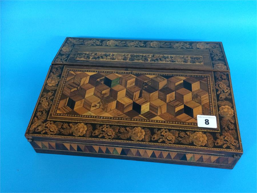 A Tunbridge ware marquetry and micro musical writing slope and glove case - Image 14 of 19