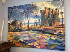 Jon Hall (b.1956-) Oil on canvas, signed, 'Hylton Castle in winter'
