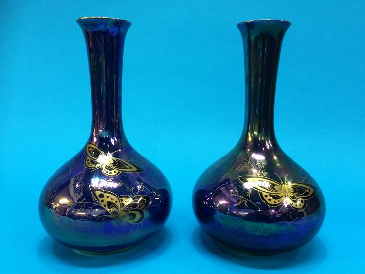 Pair Crown Devon Fieldings lustre vases decorated with butterflies