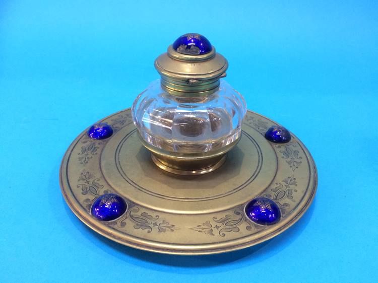 A Victorian cut glass and brass ink well mounted with blue enamelled cabochons - Image 2 of 5
