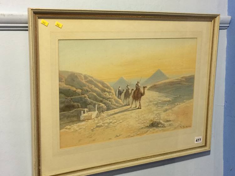 Watercolour, signed 'Gianni', Continental school, 'Camels with pyramids in the background', together