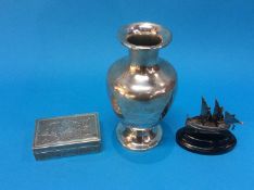 An Oriental silver metal vase, stamped '875', a '900' Standard cigarette case, and a small '925'