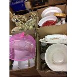 Four boxes of assorted china, glass and light shade