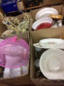 Four boxes of assorted china, glass and light shade