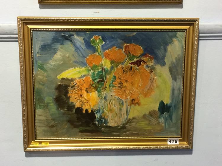 James Lawrence Isherwood, 'Calendulas', still life, oil on board, artists label verso, 39 x 29cm