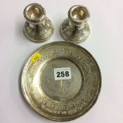 Pair of silver dwarf candlesticks and a silver dish