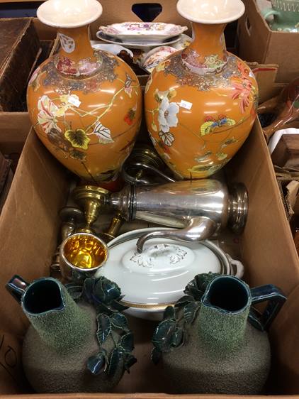 Two boxes assorted, pair gilded vases etc.