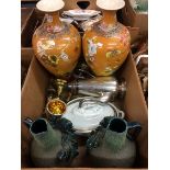 Two boxes assorted, pair gilded vases etc.