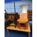 Oak barley twist table, nest of tables, pine boxes, large coffee table etc.