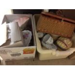 Five boxes assorted, sewing machine etc.