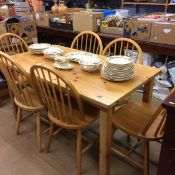 Pine table and six Windsor chairs