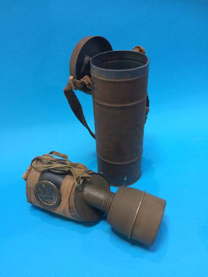 Two engraved shell cases and a gas mask, boxed - Image 2 of 4