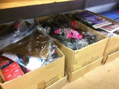 Three boxes of dog and cat leads, harnesses etc.