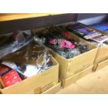 Three boxes of dog and cat leads, harnesses etc.