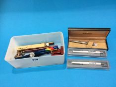 Various pens, wax seals etc. in one box