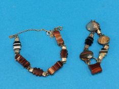 An agate bracelet with white metal mounts together with a similar necklace