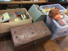 Two boxes of dolls, teddies, a metal trunk, box of books and an accordion
